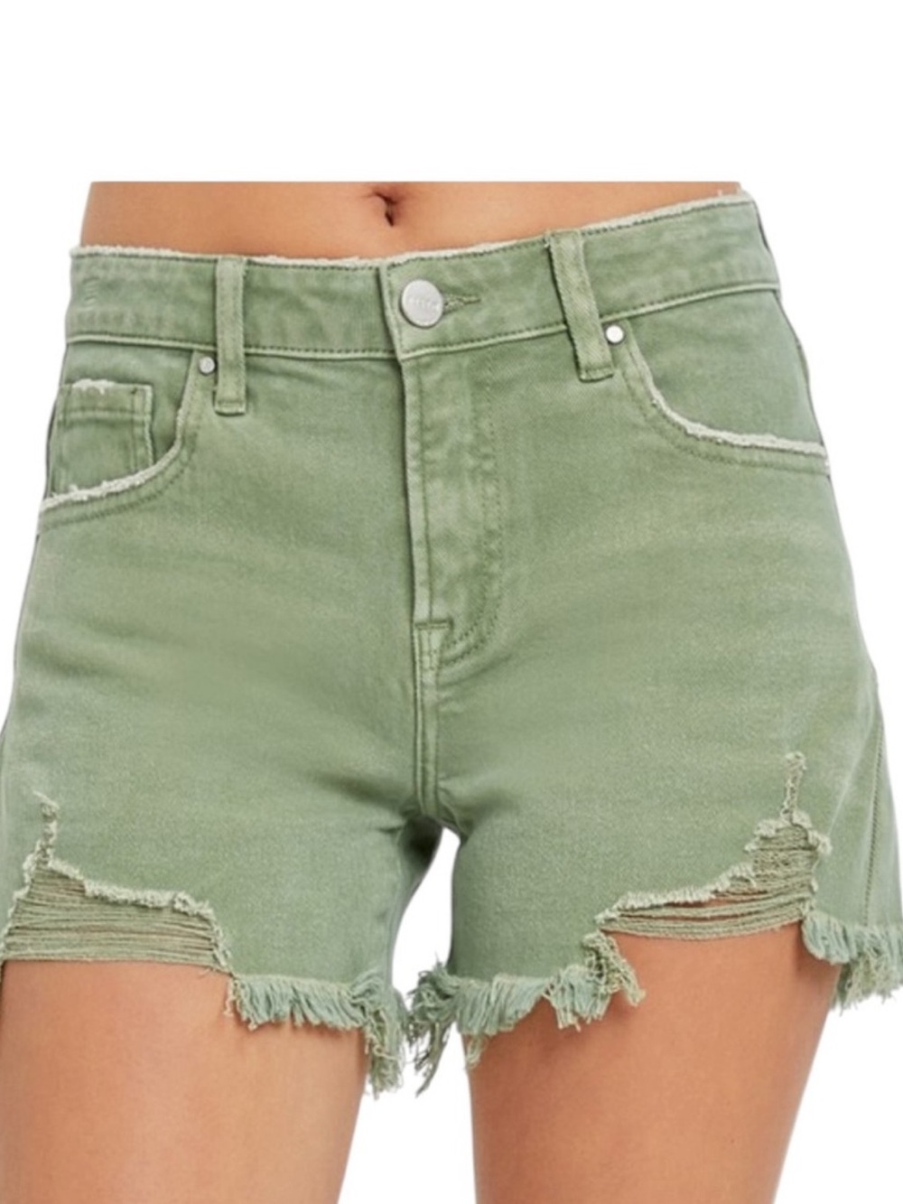 NWT Risen Olivia Mid Rise Olive Frayed Hem Denim Shorts.